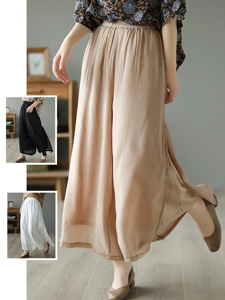 

High Waist Double Layer Wide Leg Pants Casual Split Hem Pure Color Bot Drapey Skirt Loose Fit Long Trousers Summer New