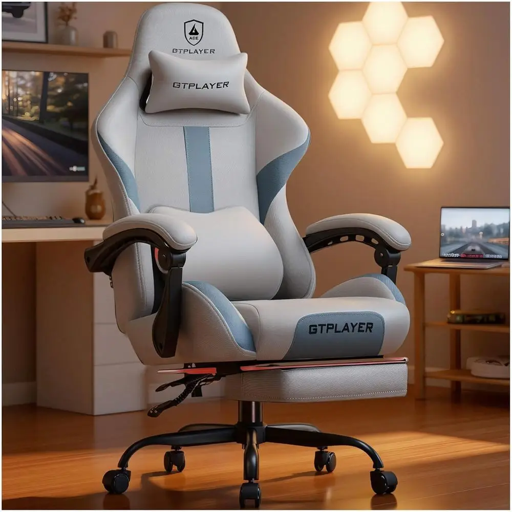 

Ergonomic High-Back Gaming Chair with Footrest, Lumbar Support, Breathable Fabric, Moon Gray