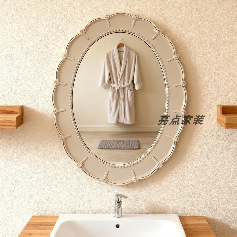 French retro bathroom mirror with lamp oval villa decorative mirror wall hanging creative special-shaped makeup mirror