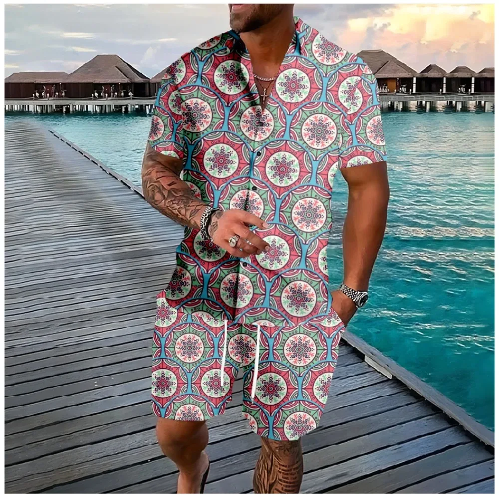 Hawaiian Sets Tribe Pattern Button Shirts Shorts Summer Totem Mix Colors Beach Hipster Streetwear Tracksuits Men Clothing