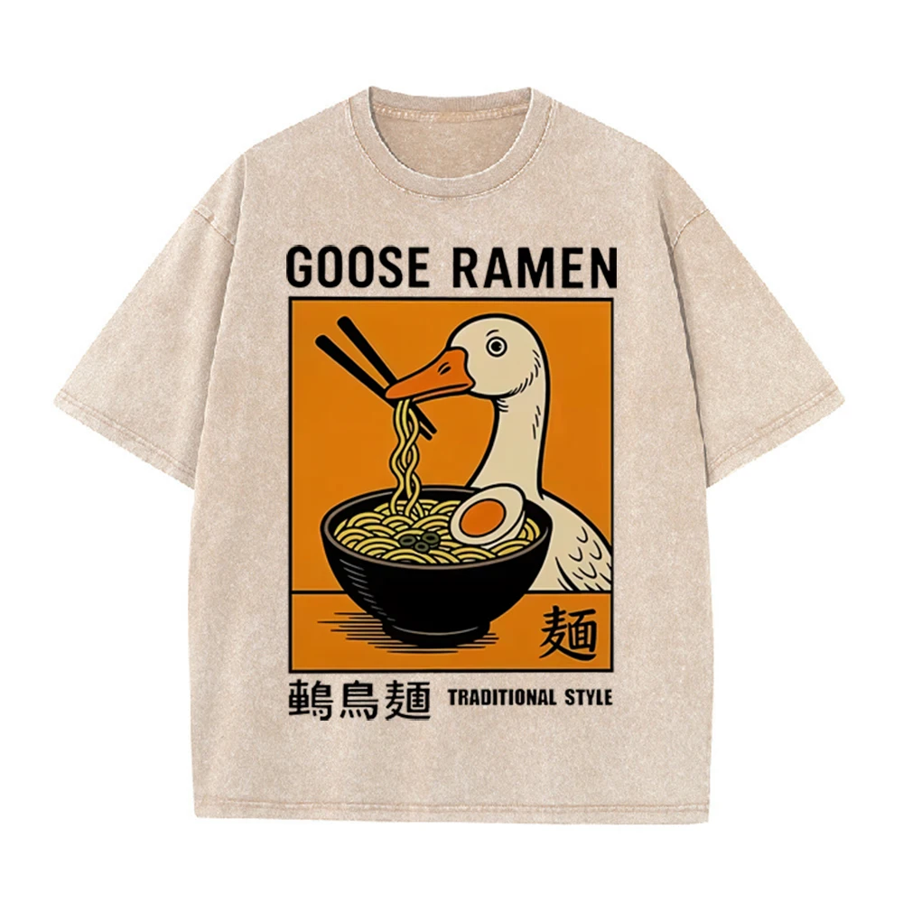 2026 Vintage Washed Beige Cartoon Goose Ramen Noodle Graphic T Shirt Japanese Food Print Oversized Casual Short Sleeve Tee