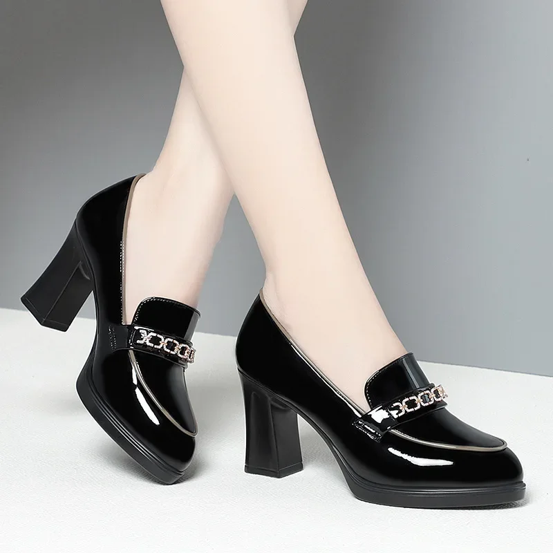 Vintage British Style Deep Mouth Patent Leather Shoes Women Pumps 2024 Spring Block High Heels Shoes Loafers Women for Office