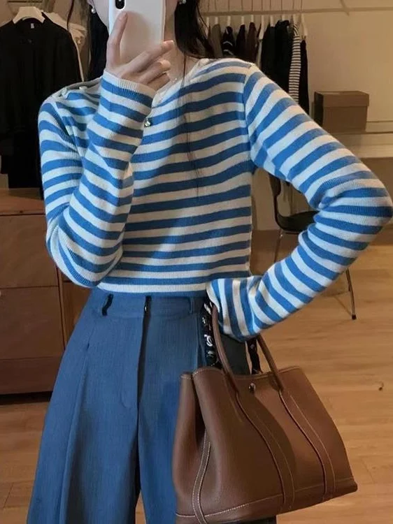 Women's Casual Striped Long Sleeve Knitted Sweater High Waist Wide Leg Pants Set Comfortable Breathable Fashionable Autumn Wi...