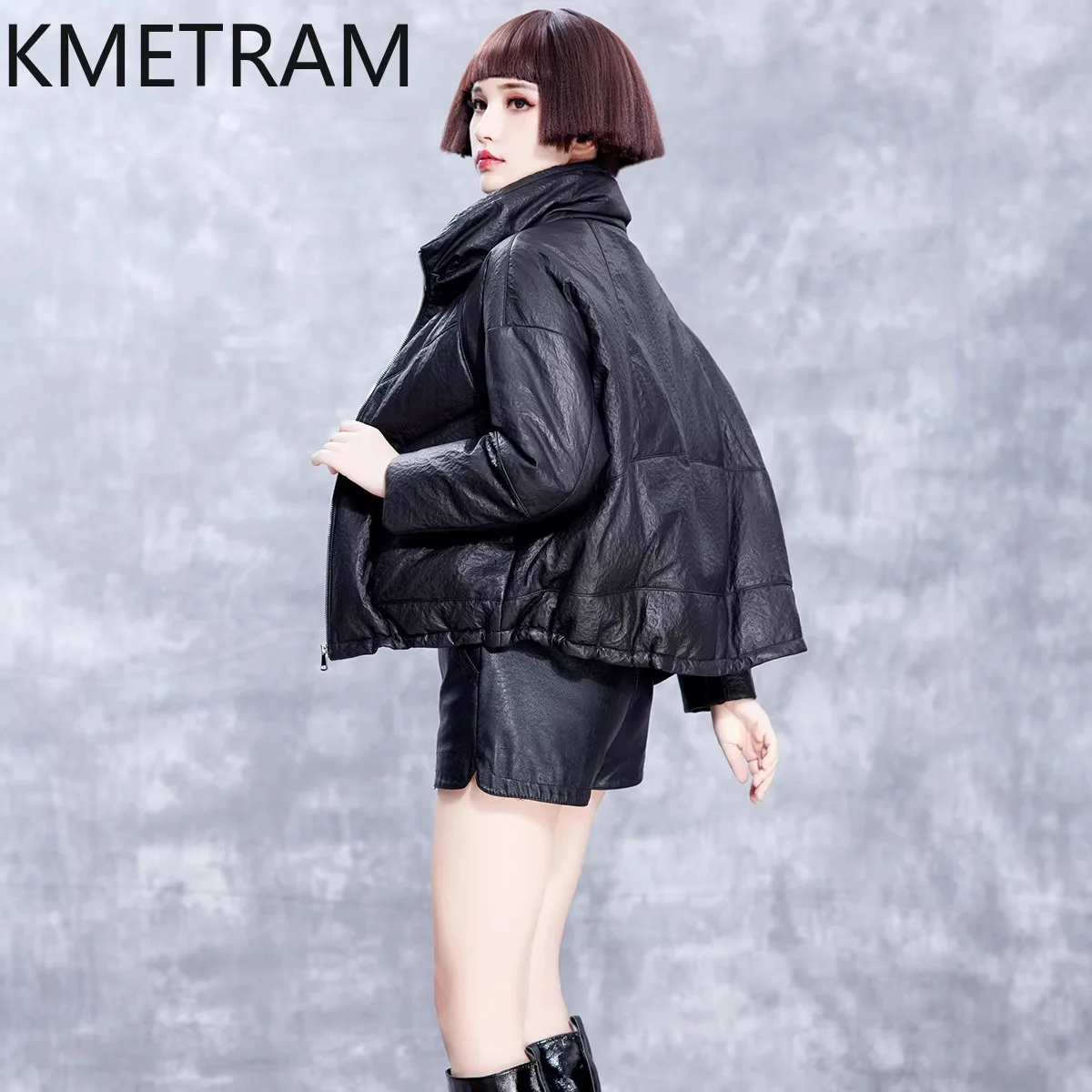 KMETRAM Real Sheepskin Leather Down Jackets Women Stand Collar Short Coat Casual Leather Puffer Jacket Winter Woman Clothes 2026