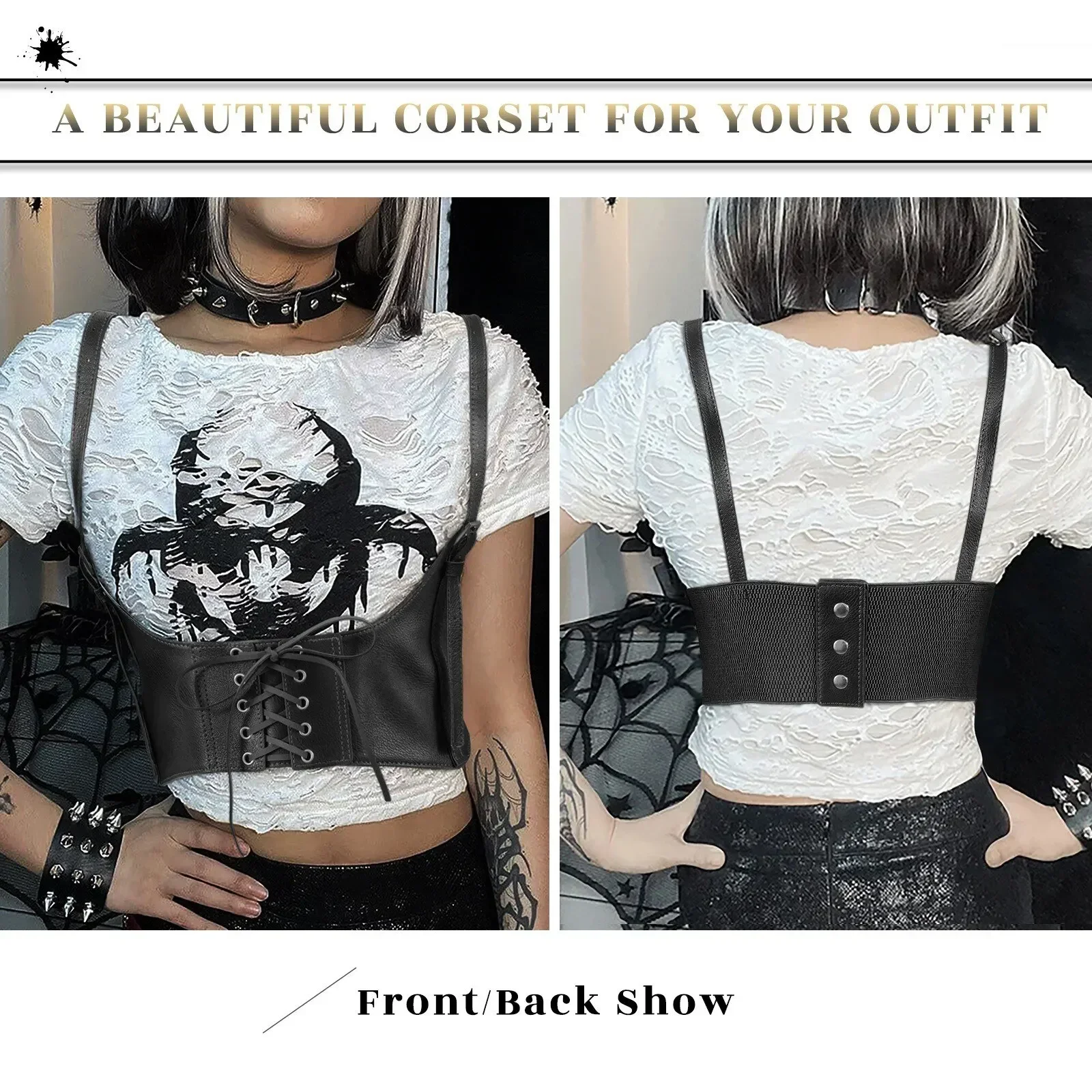 New Design Lace-Up Snap Closure Tied Elastic Band Corset Waspie Leather Chest Harness Belt For Lady Female