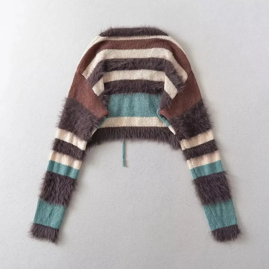 

Осенний женский свободный полосатый вязаный кардиган на шнуровке с короткими рукавами контрастного цвета, топ в стиле горячих девушек