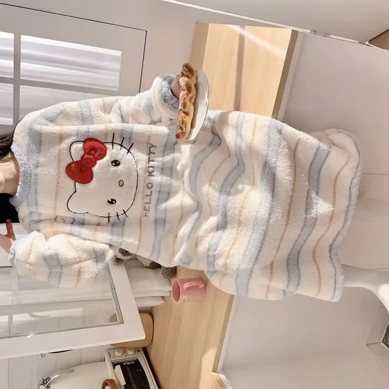 

Coral Velvet Striped Pajamas for Girls in Autumn and Winter Cute Hello Kitty Anime Cartoon Plus Size Plus Fat Flannel Nightgown
