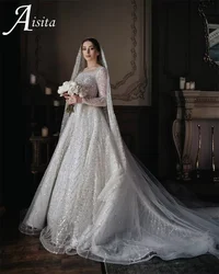 Vintage Customized Sparkly Beads Tulle Long Formal Wedding Dresses A Line Square Neck Dubai Long Sleeves 2025 Detachable Sleeves