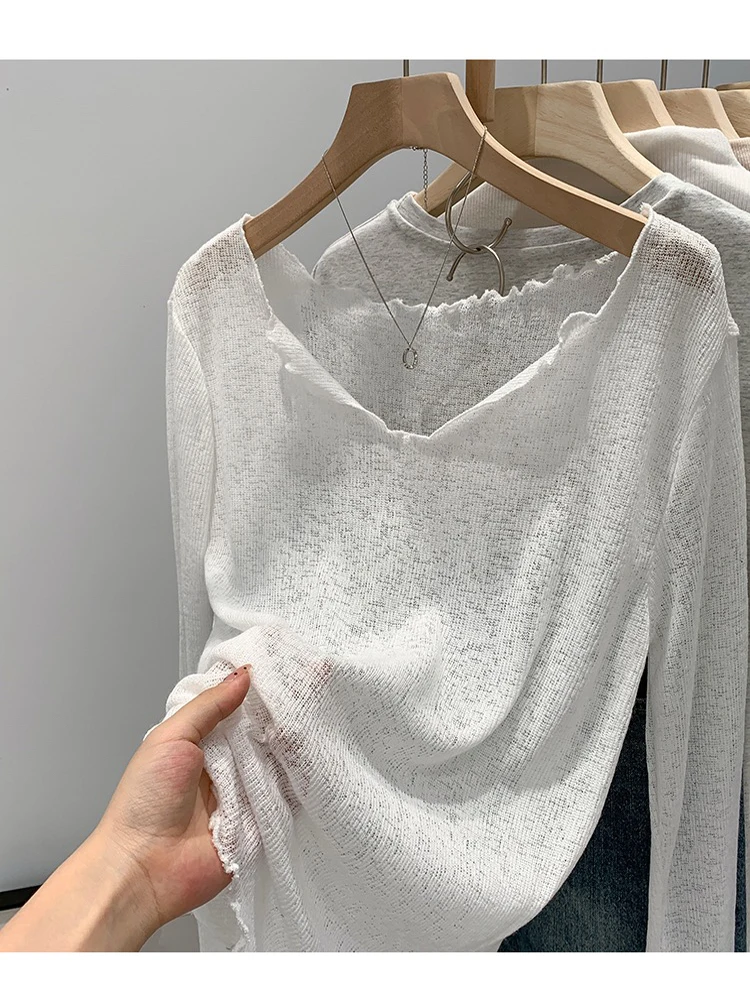 

Early Spring Loose Fit Long Sve V-Ne Women's T-irt Thin Sunade Cover up Premium Feel Top Wooden Lace Design
