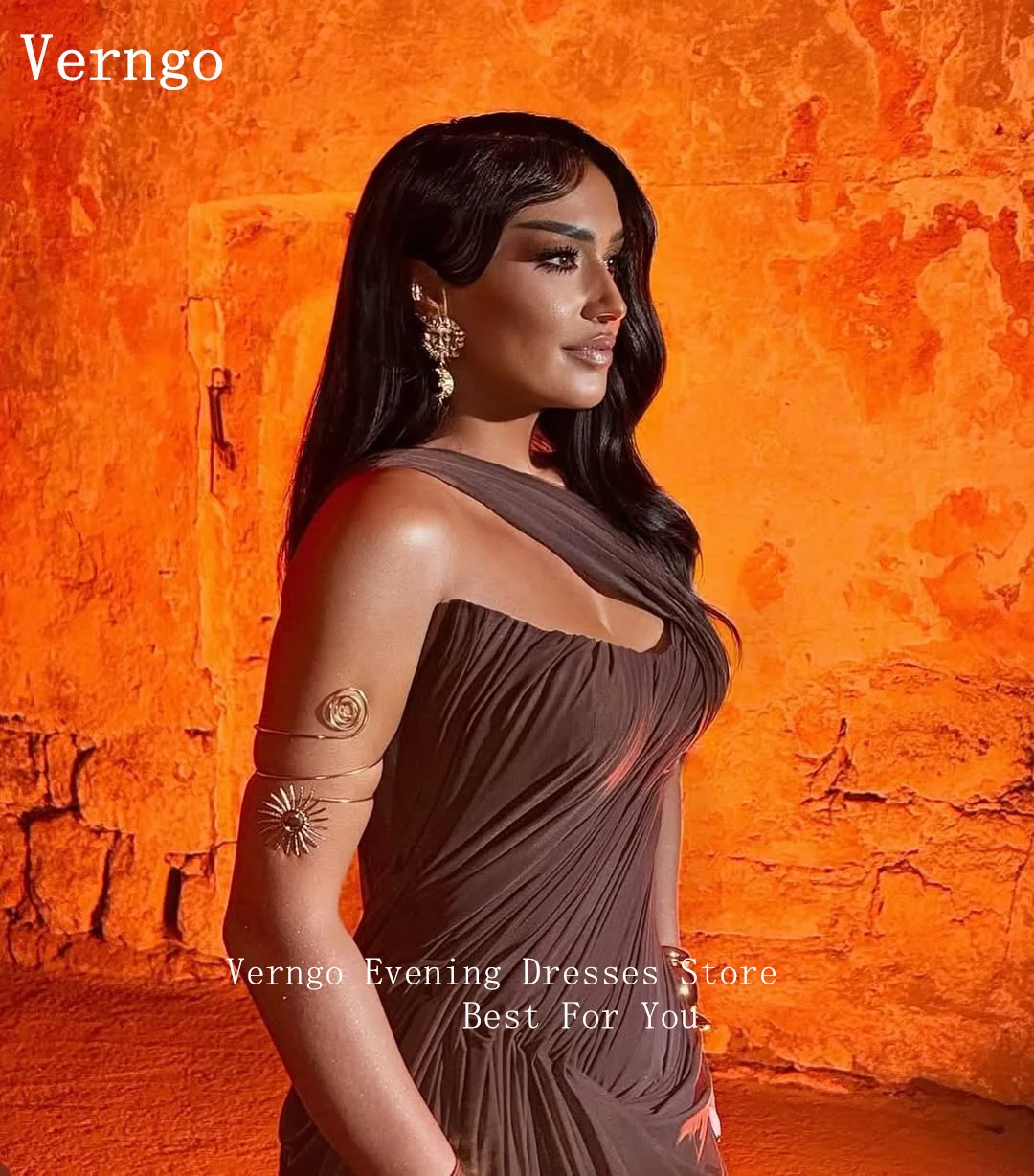Verngo Brown Chiffon Evening Dress Straplesss Pleated Formal Occasion Dress Elegant Side Slit Arabia Prom Gown Customized