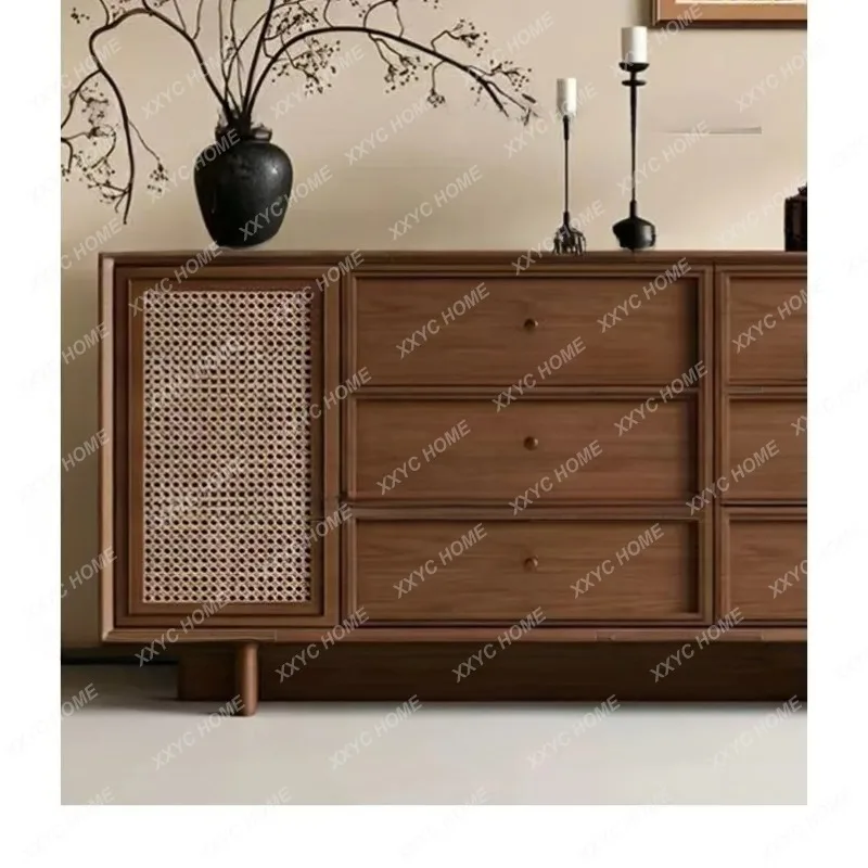 XX vintage walnut color woven rattan design sideboard with wall-side cabinet in the master bedroom