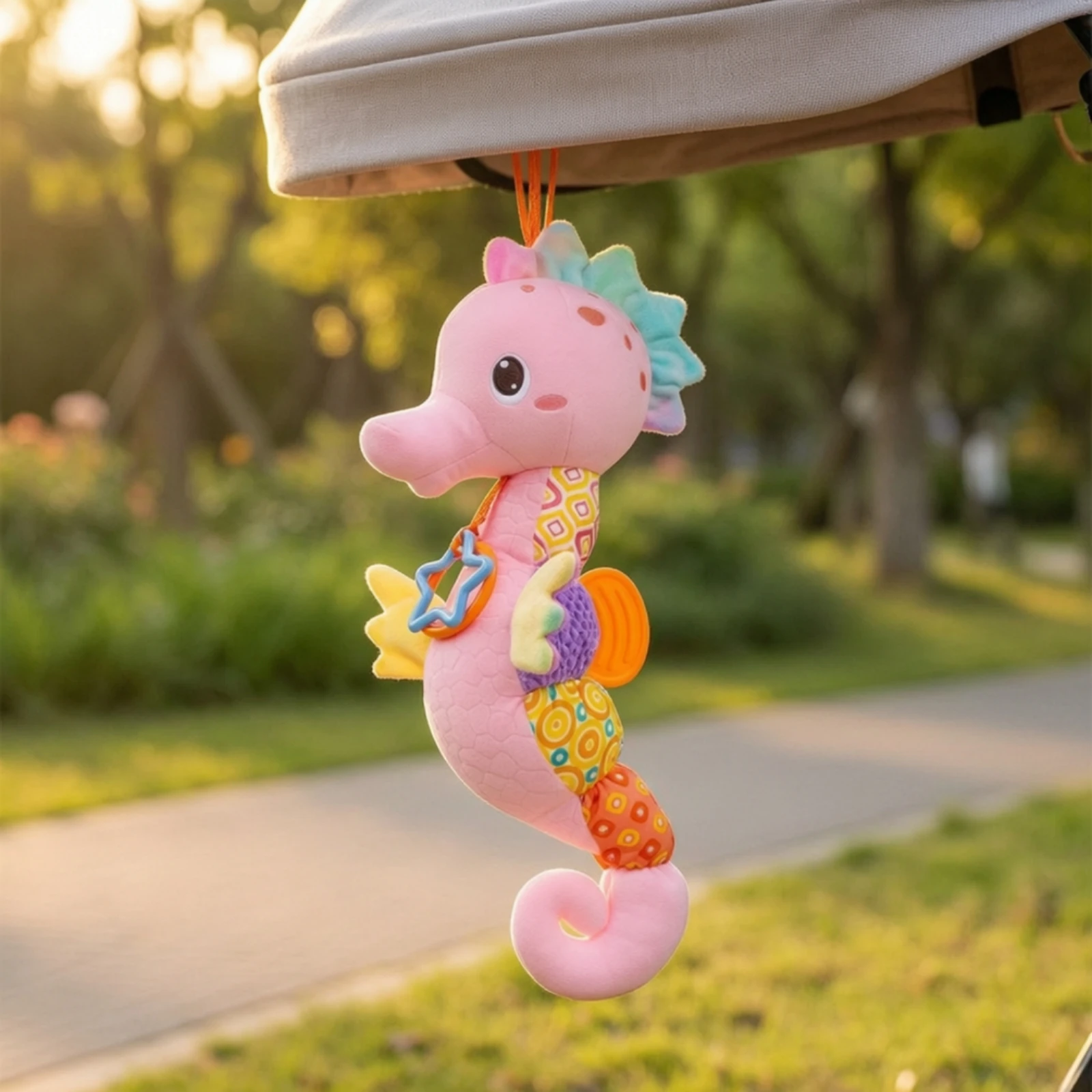 Soft Seahorse Adorable Stroller Toy with Hanging Strap Sensory Toy with Textured Fabrics Child-Safe Sea Animal Stuffed Animal