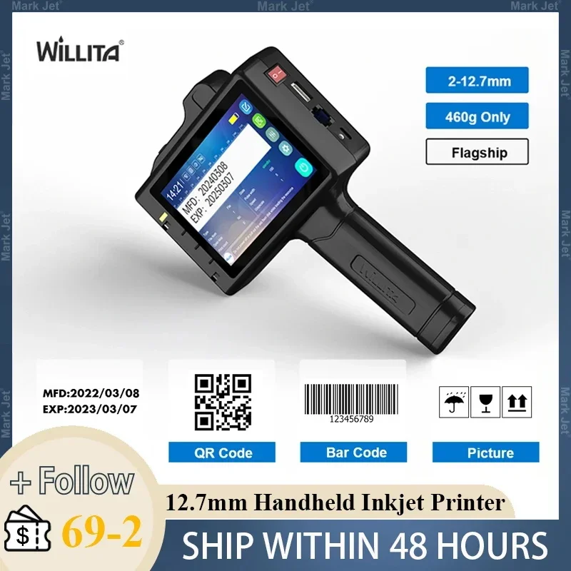 

WILLITA 12.7mm Handheld Inkjet Printer Portable Label Printer 5 Inch Touch Screen for QR Code Barcode Date Logo on All Meterials