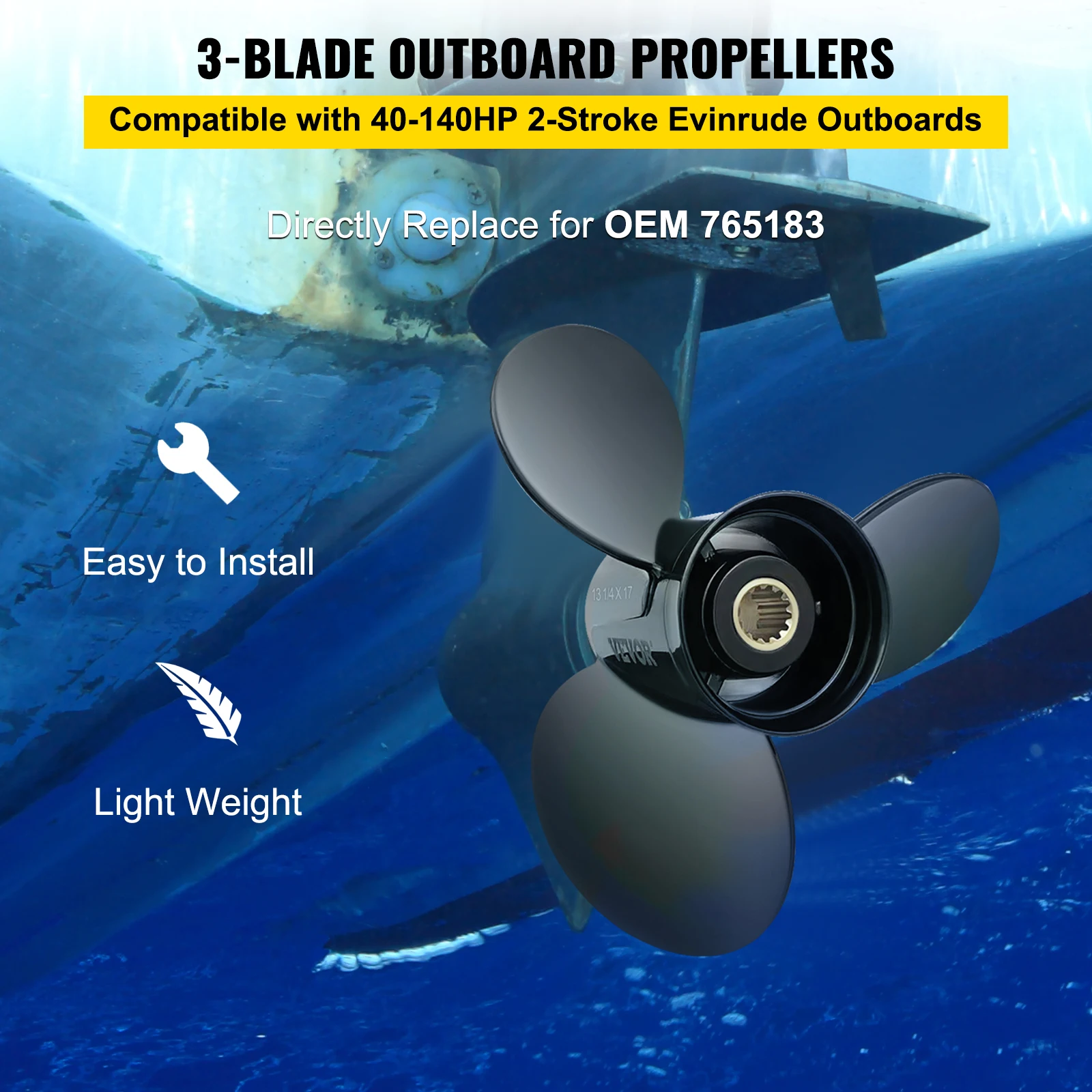 VEVOR Outboard Propeller Replace for OEM 765183 Compatible with 40-140HP 2-Stroke Evinrude Outboard with 13 Tooth Splines