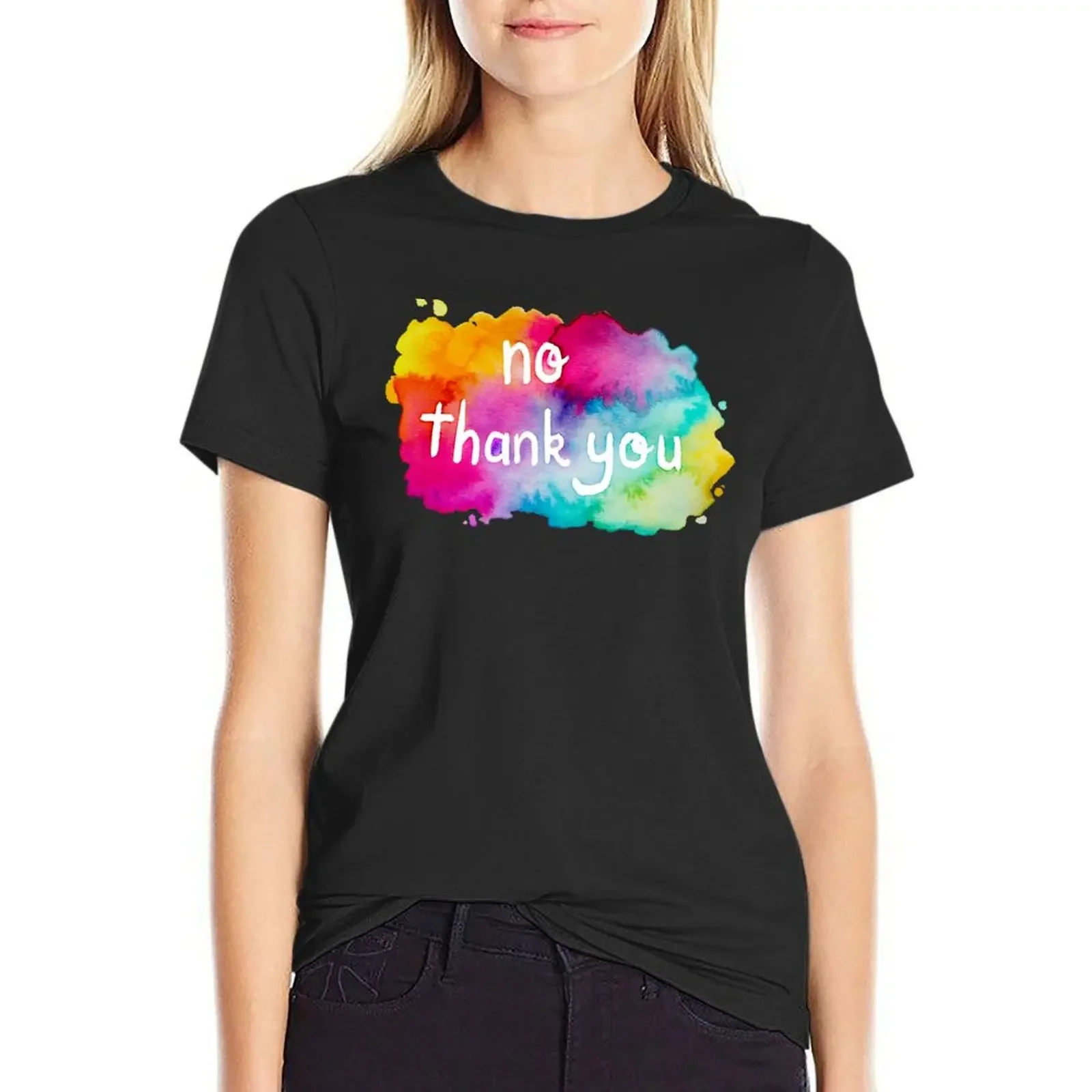 No Thank You Rainbow Watercolor T-Shirt kawaii clothes shirts graphic tees spring clothes Women 2024