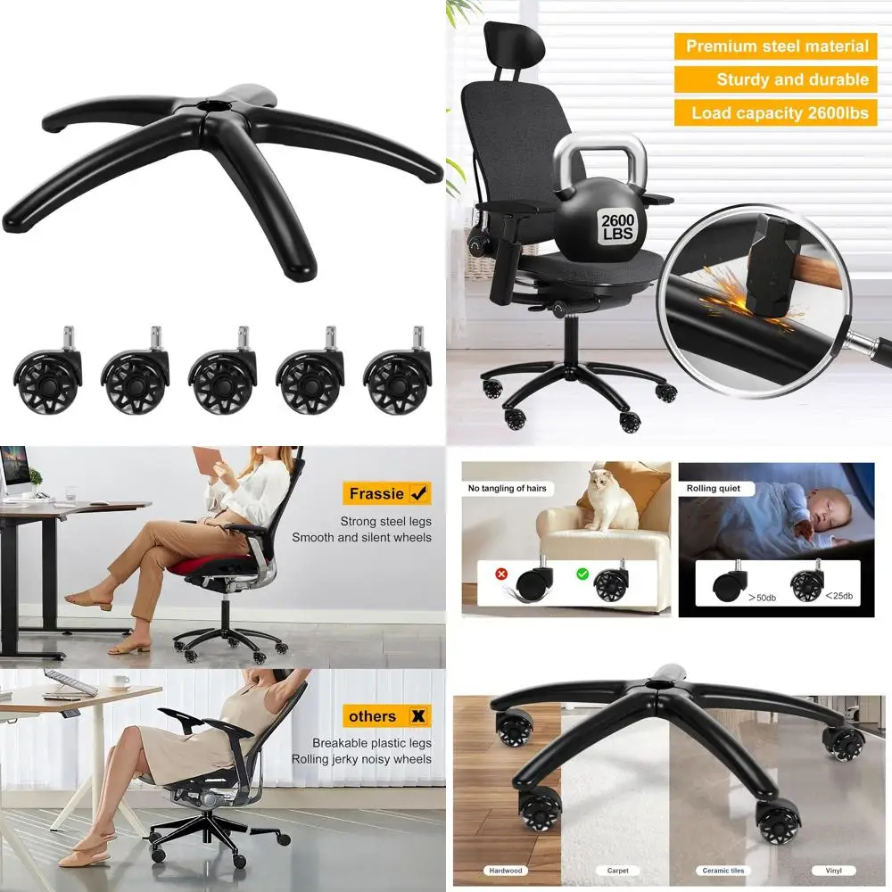 

28 Inch Heavy-Duty Metal Base with 5 Wheels for Office Gaming Chairs, Supports Up to 2600 Lbs, Black