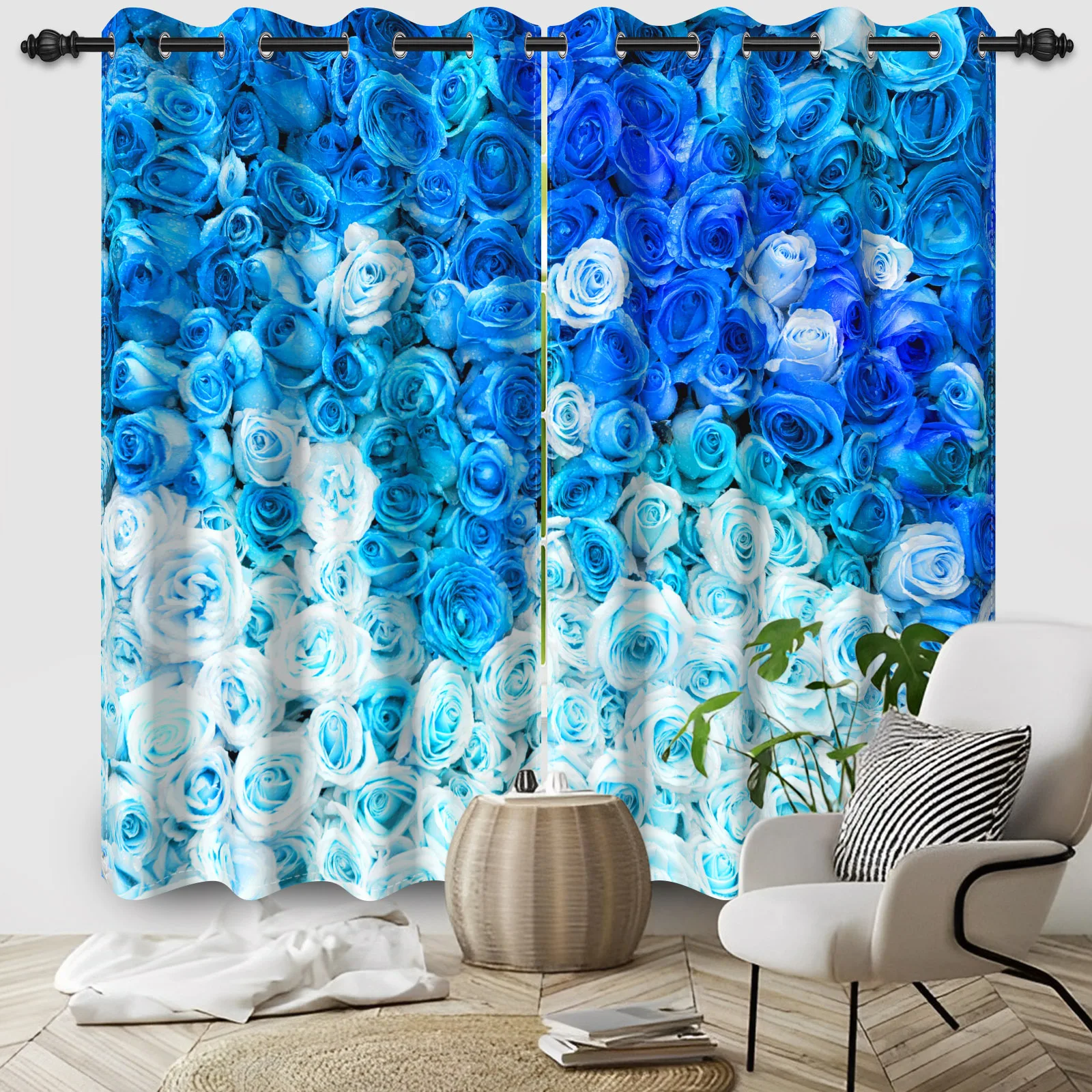 2pcs/set Valentine's Day Window Curtain 3D Printed Blue Rose Flower Bedroom Living Room Decor Blackout Polyester Fabric Curtains