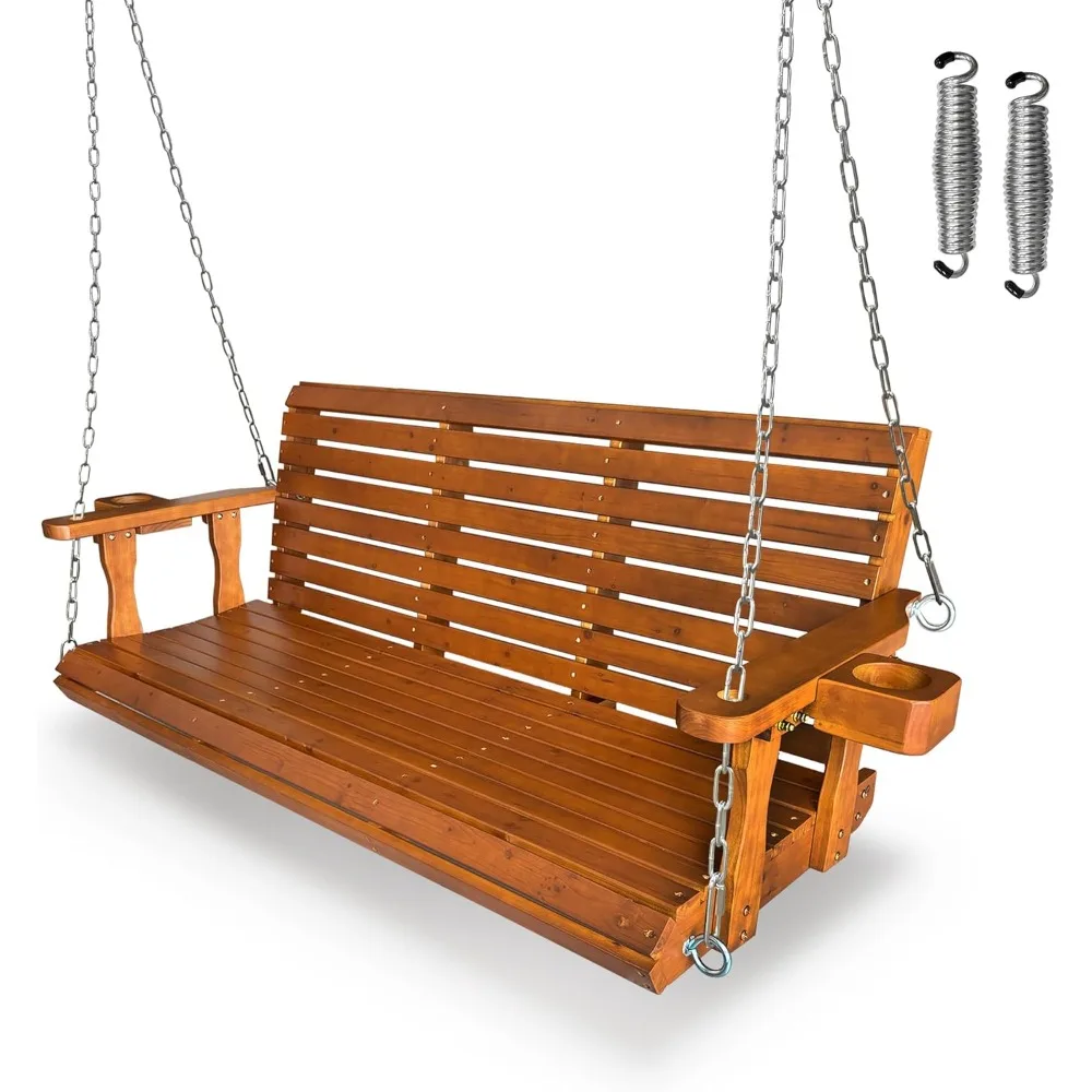 

Wooden Porch Swing 3-Seater, Bench Swing with Cupholders, Hanging Chains and 7mm Springs, Heavy Duty 880 LBS, for Outdoor Patio