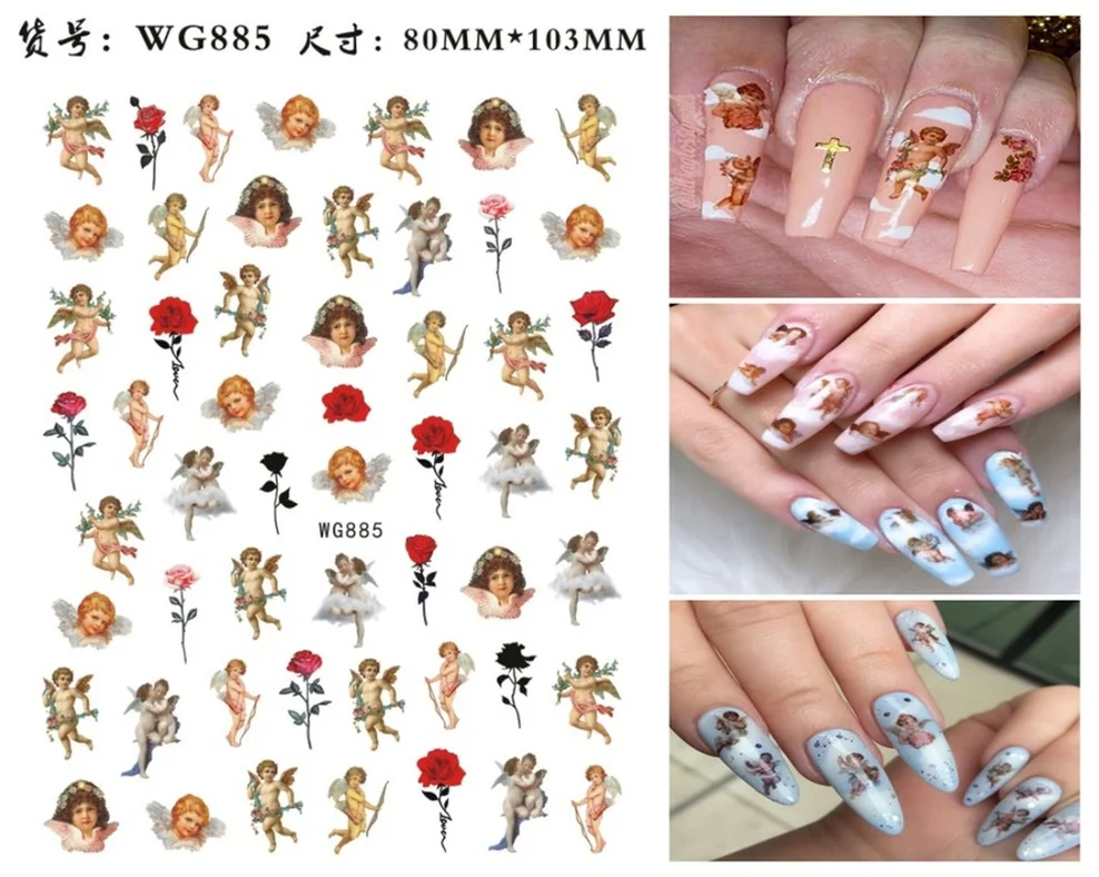 Nail Art Sticker Angel Flower Pattern Stickers Cupid Self-Adhesive Nail Decals Stickers Decoration Press on Nails Accessories