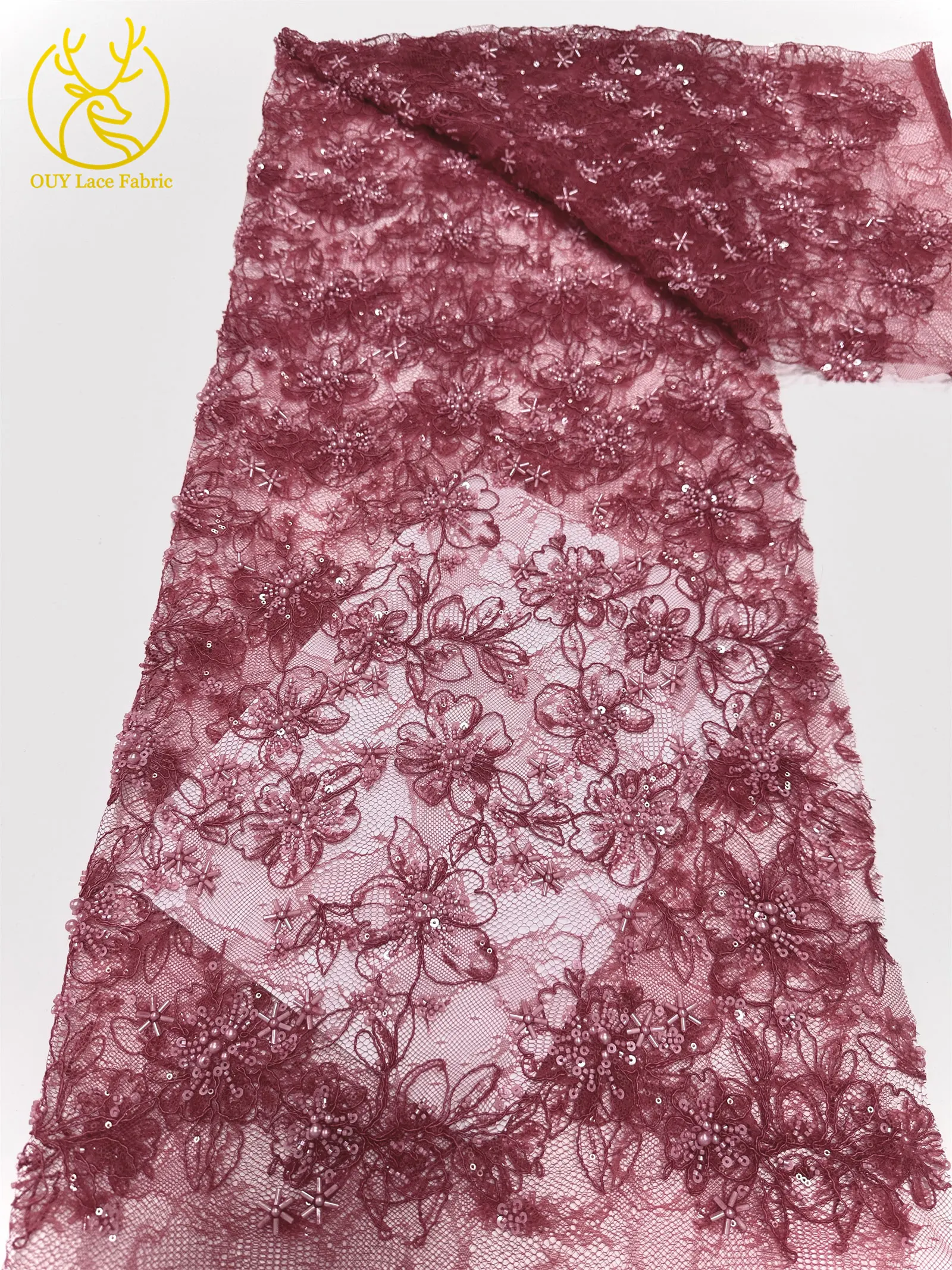 ナイジェリアパープルレース生地ファッション婦人服アフリカスパンコールチュールレース豪華な手作りビーズ生地結婚式 5 ヤード