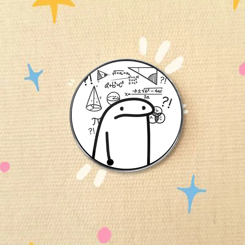 Confused Cartoon Figure UV Printing Badge Funny Math Equation Meme Pin Simple Black White Art Metal Brooch Lapel Accessory Gift