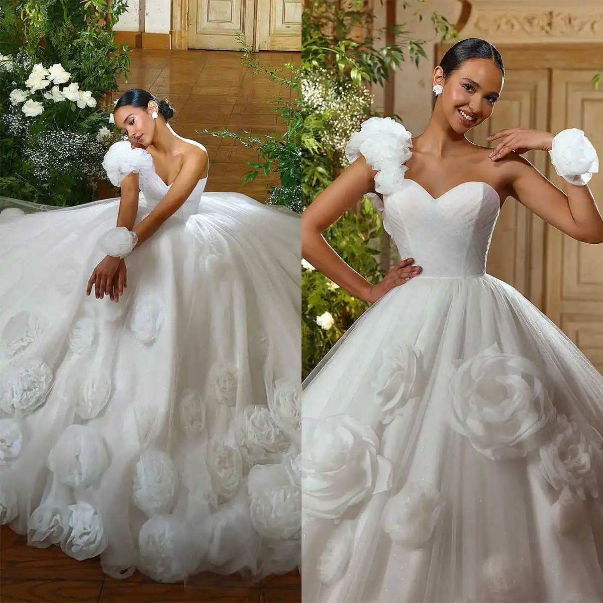 Designer Ball Gown Wedding Dresses Pearls Appliques Satin Tulle Sequins Decoration Sweep Train Bridal Customized Robe De Mariée