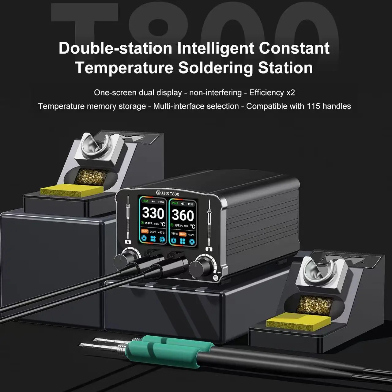 

Интеллектуальная паяльная станция JF8 T800 с двумя рабочими станциями, 3 предустановленными температурными режимами, поддержка ручек 210/115, защита от короткого замыкания