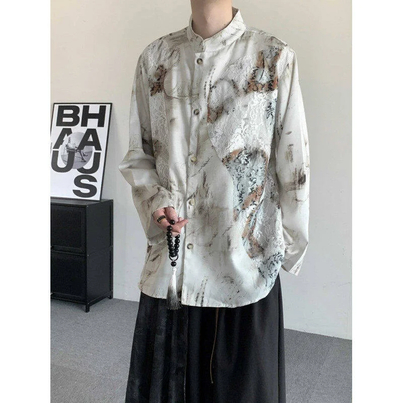 

TANGZ Studio New Chinese Sle Long Sve irt Lace P Mens Womens Large Size Faionable Watercolor Painting Design Casual ...