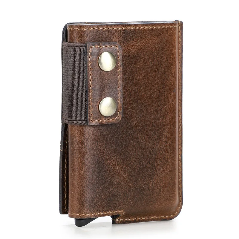New Fashion Pure Cowhide  Anti Magnetic Automatic Box Trendy Mini Airtag Genuine Leather Wallet Female Bank Card Bag Coin Purses