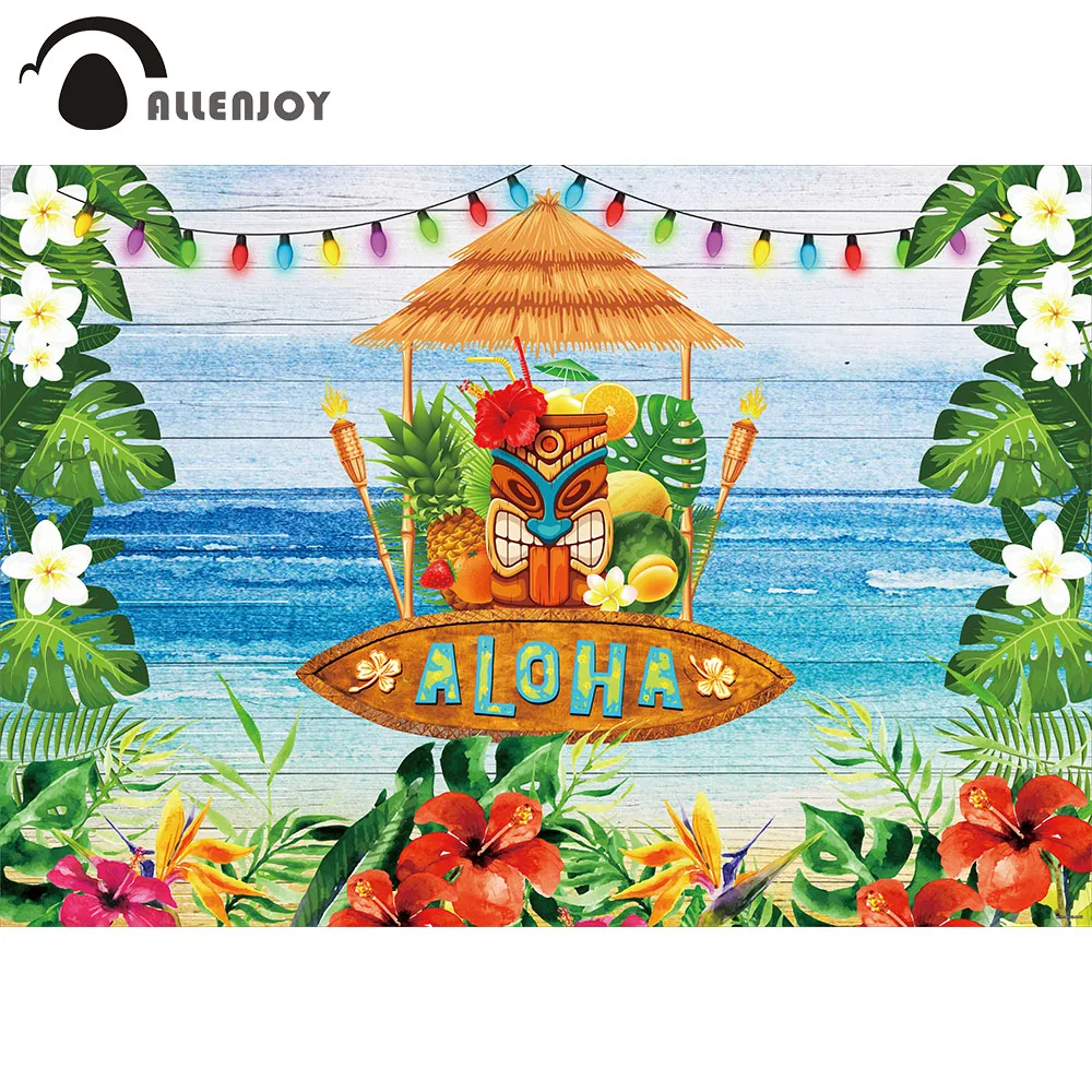 Allenjoy Summer Aloha Luau Party Backdrop Tropical Hawaiian Beach Tiki Flower Photography Background