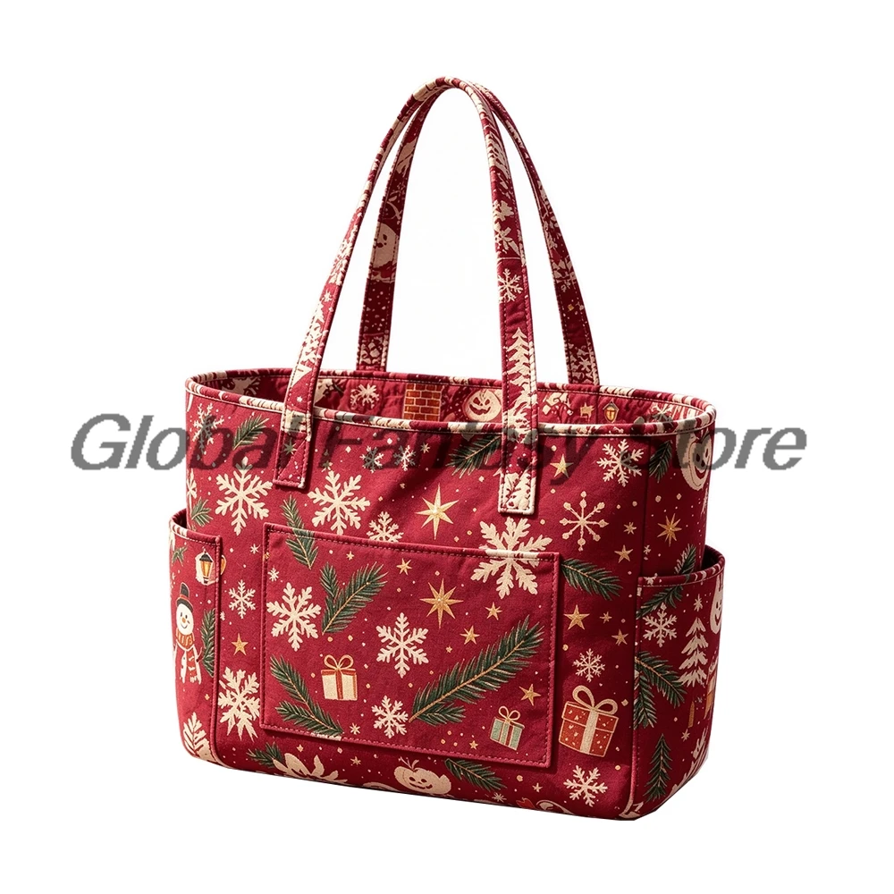 Christmas Snowflake Print Quilted Tote Bag Xmas Holiday Multiple Pockets Shoulder Handbag Women Daily Shopping Bags
