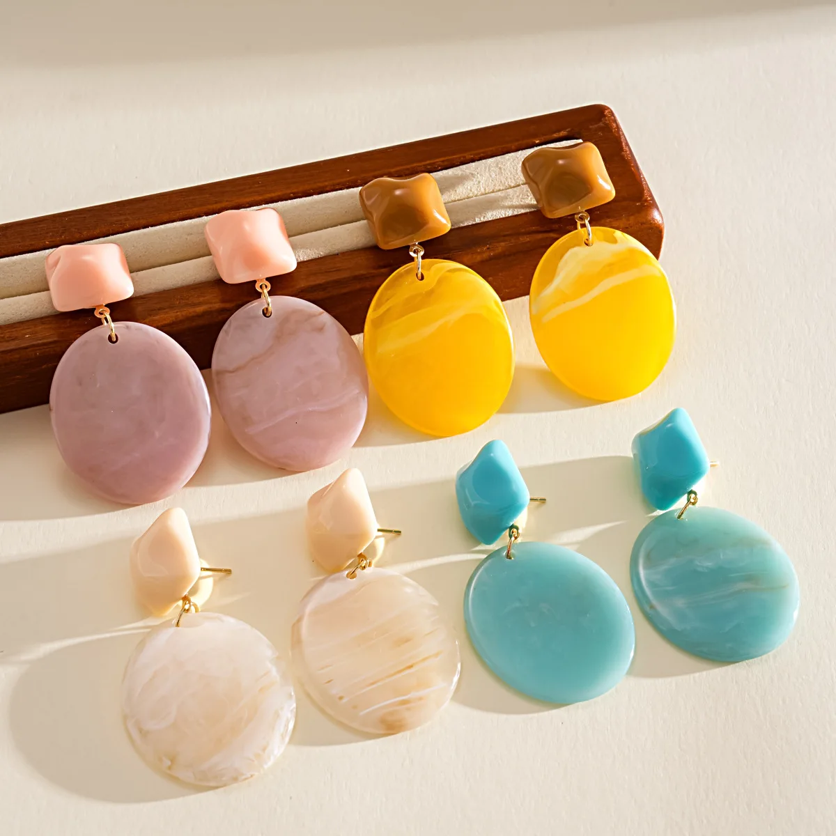New Glossy Square Round Smudging Resin Dangle Earrings for Women Minimalist Retro Acrylic Drop Earrings Bohemian Charms Jewelry