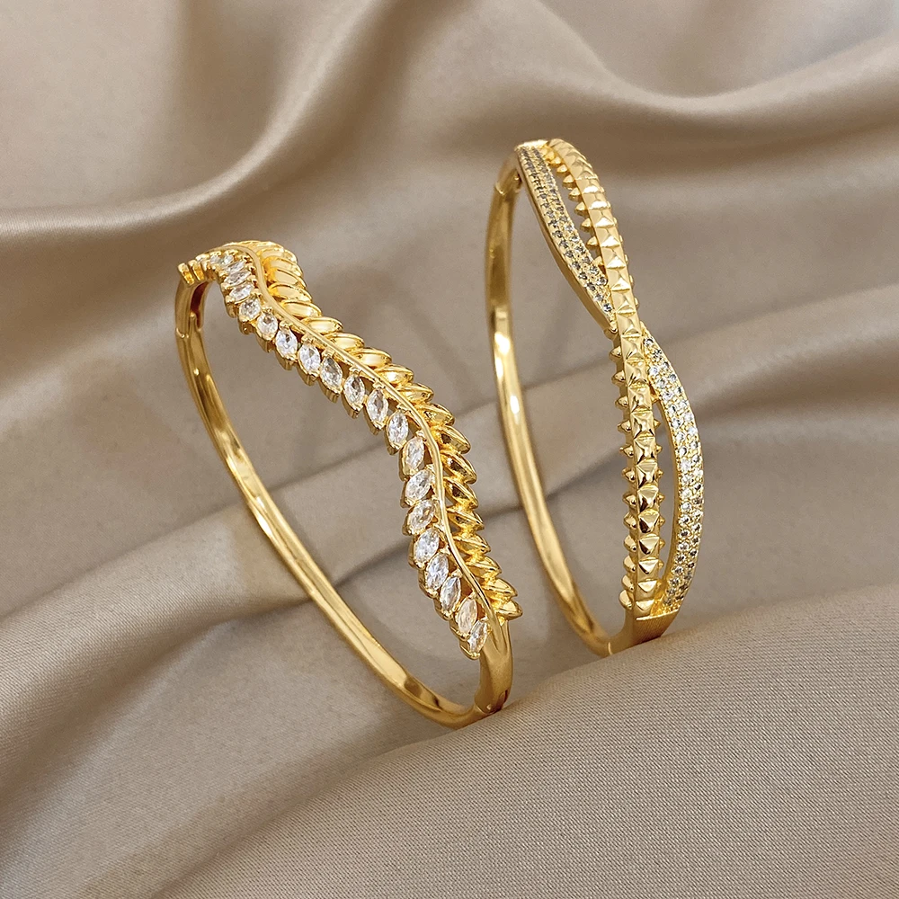 AENSOA European American Irregular Rippling Wheat Shape Bangle Copper Plated Gold Light Luxury Rhinestone Women Simple Bracelet