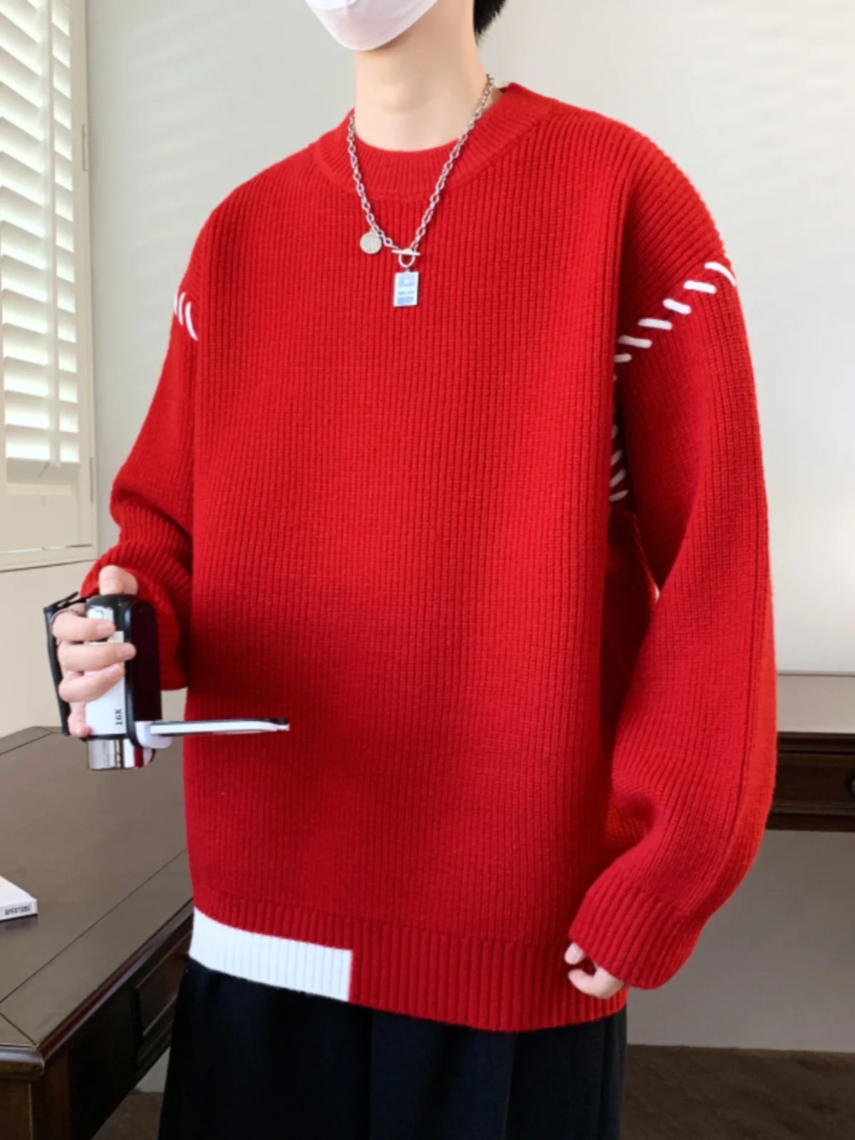 

Мужской трикотажный джемпер свободного кроя с круглым вырезом, базовый слой, повседневный стиль, весна-осень, модный, в стиле lazy style