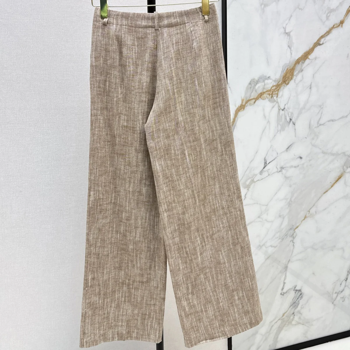 High Quality Women Khaki Herringbone Pattern High Waist Zip Button Full Length Wide Leg Casual Trousers lyt2672399