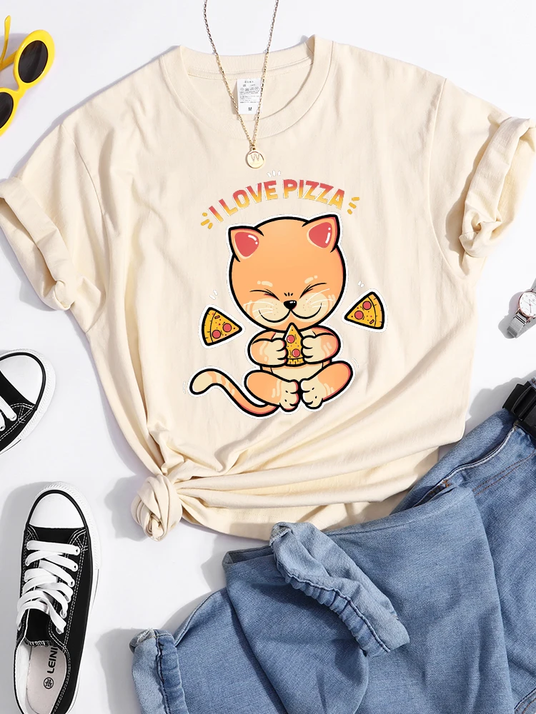 I Love Pizza Kawaii Cat Printed T-Shirts Women Street Summer Tshirts High Quality Crop Top Breathable Cool Casual T Shirts Women