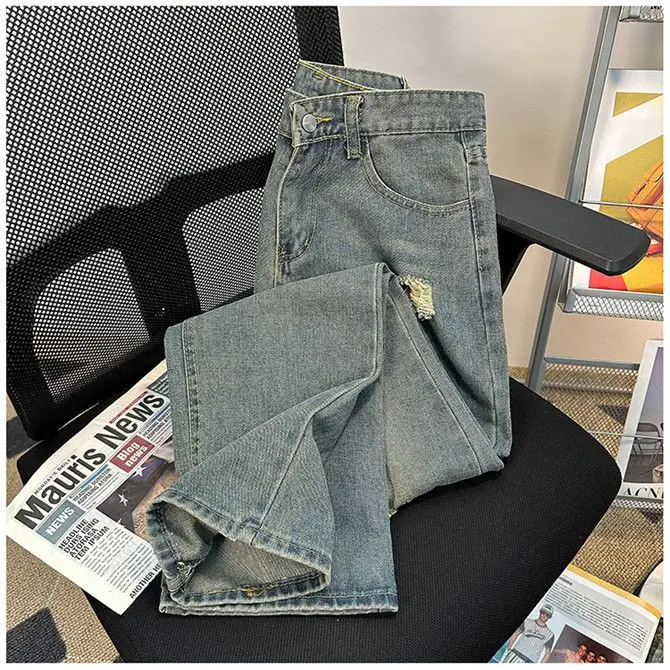 American high street ripped straight leg washed jeans for men and women summer personality loose hip-hop street casual pants y2k