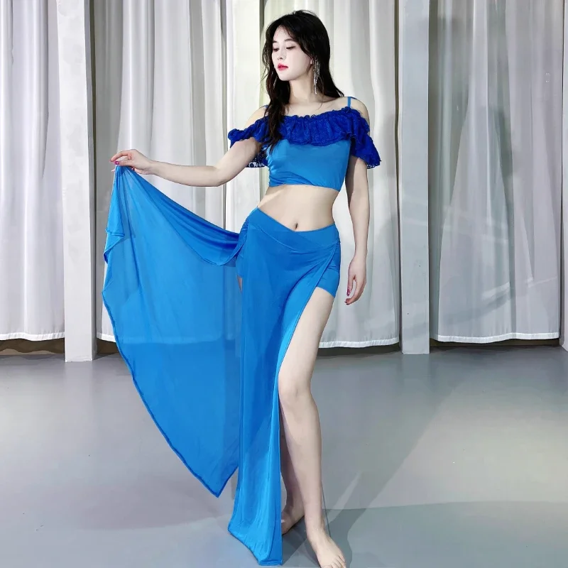 Terno de treinamento de dança do ventre malha renda superior + sexy divisão saia longa 2 pçs feminino dança oriental roupas de prática profissional