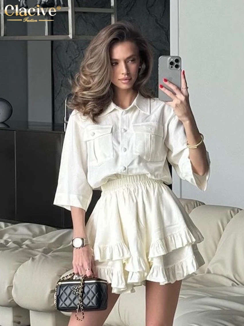 Clacive Fashion Loose White Skirt Sets For Women 2 Pieces Elegant Half Sleeve Shirts With High Waist Pleated Mini Skirts Set