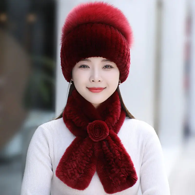 Rex Rabbit Fur Hat Scarf Sets Women Winter Warm Luxury 100% Genuine Fox Fur Cap Rex Rabbit Fur Scarves Knitted Quality Fur Hats