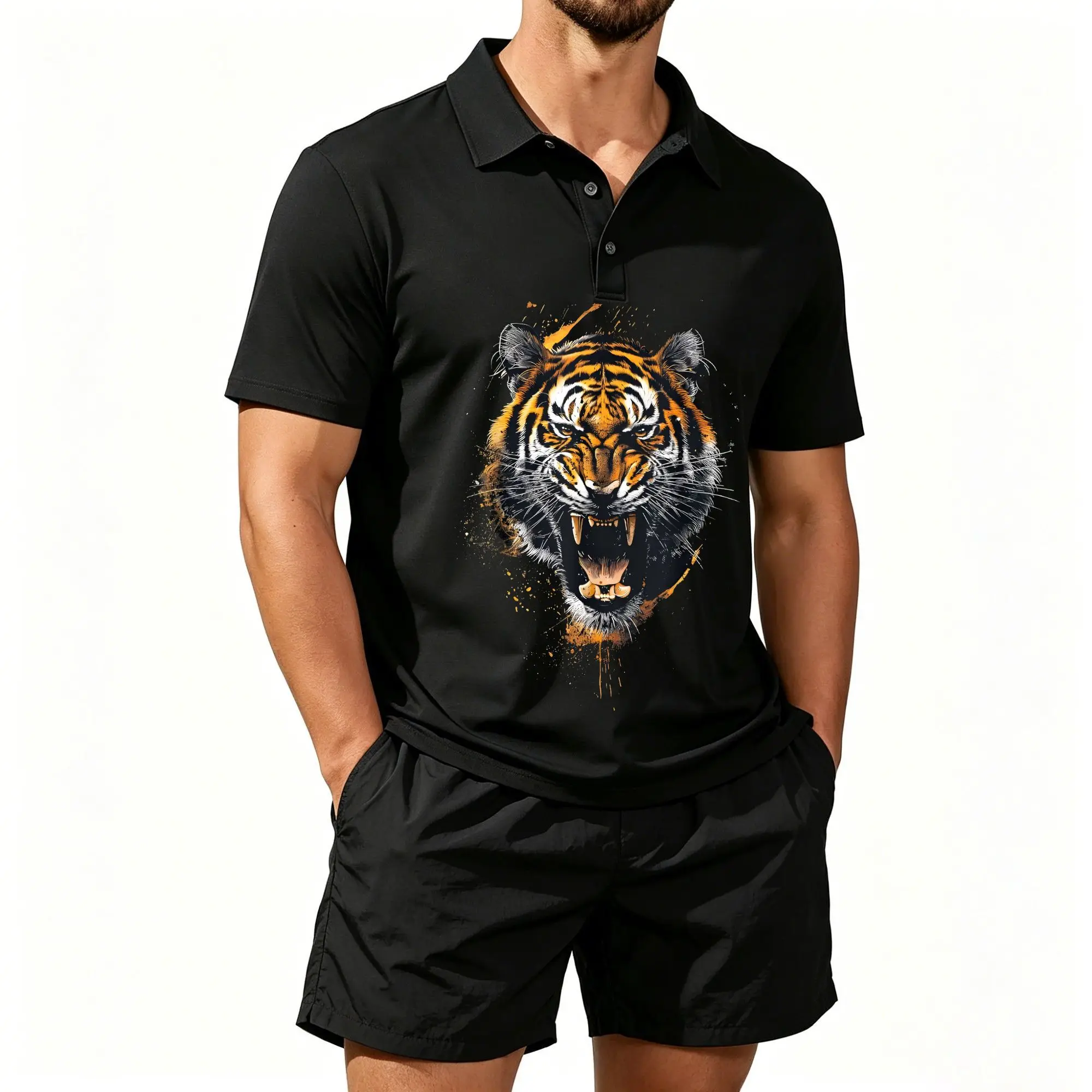 Conjunto de Camiseta Polo y Pantalones Cortos de Playa para Hombre con Estampado de Cabeza de Tigre Feroz y Motivos de Vida Silvestre, Ajuste Casual y Cómodo
