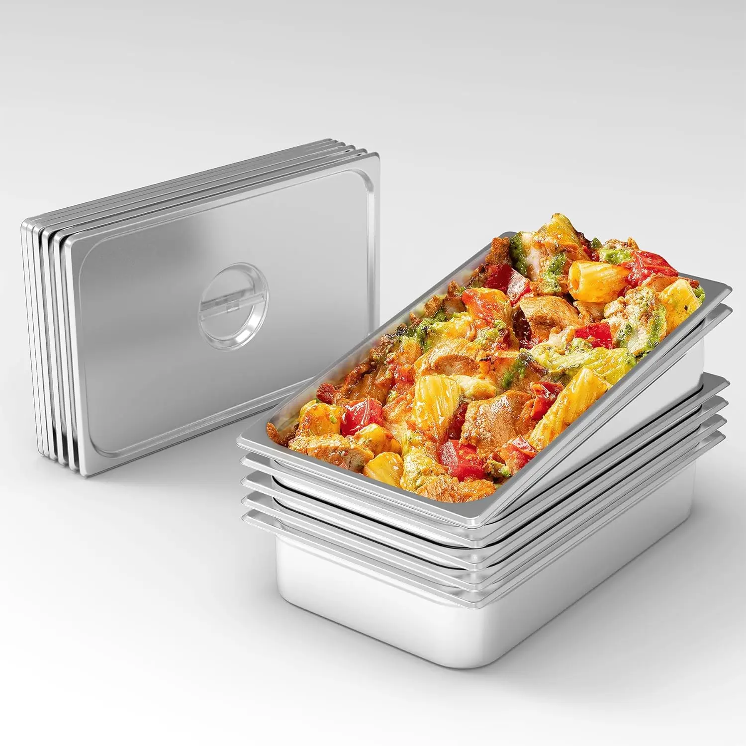 

6 Pack Hotel Pans with Lids, 1/1 Full Size Stainless Steel Steam Table Hotel Pans 4 Inch Deep, Tray Sets Food Storage C
