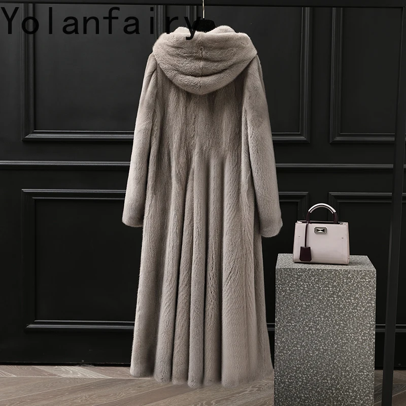 YOLANFAIRY Whole Mink Real Fur Coat with Hood Winter Luxury 2025 Mid-length Natural Mink Fur Coats for Woman Grey Fur Jacket