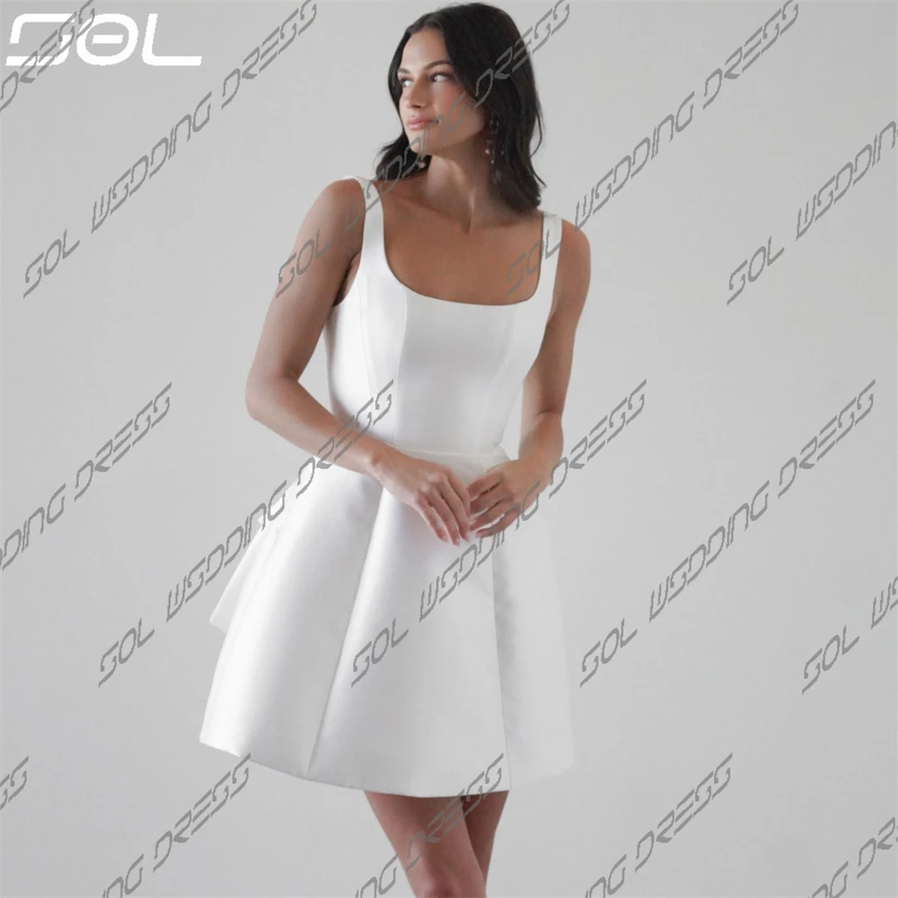 Sol einfache Spaghetti träger über dem Knie Mini Brautkleid rücken frei Boho quadratischen Kragen Satin Ballkleider Vestido de Novia