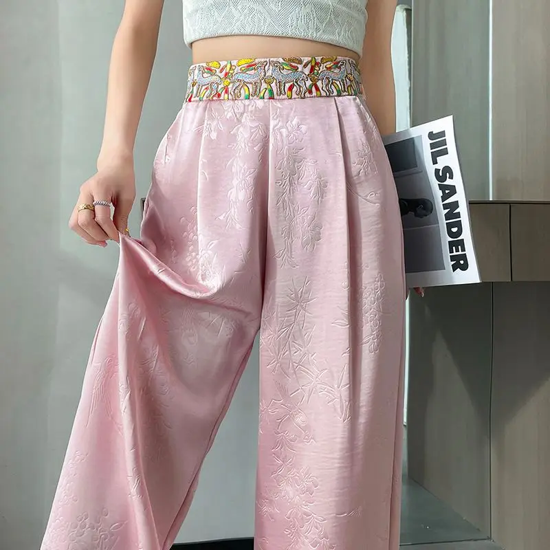 2024 Women's Summer New Spliced Elasticized High-waisted Jacquard Folds Fashion Minimalist Casual Ice Silk Straight Leg Pants