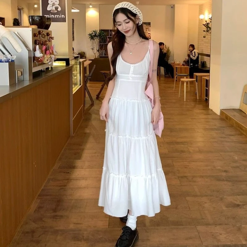 Sweet Dresses Women Lace-up Defined Waist Gentle Temper Long Dress Cute Girlish Vacation Sundress Mujer Korean Fashion Clothing