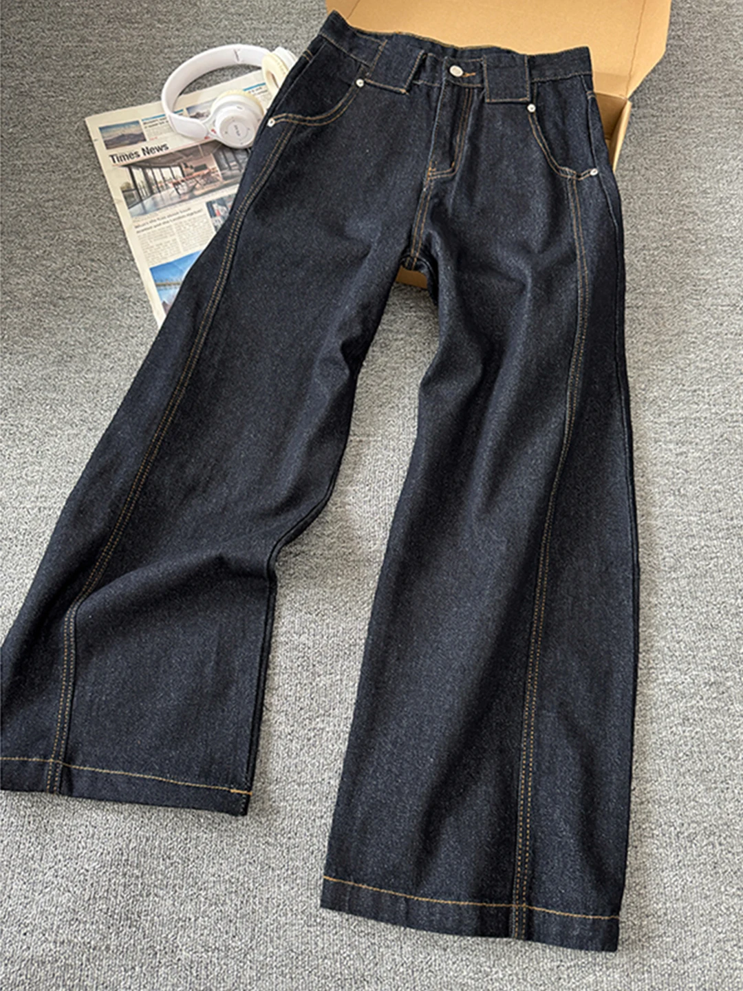 

Black Denim Men's Straight Leg Jeans High Street Style 3D Tailoring Wide Leg Pants Cool And Trendy Knife Jeans