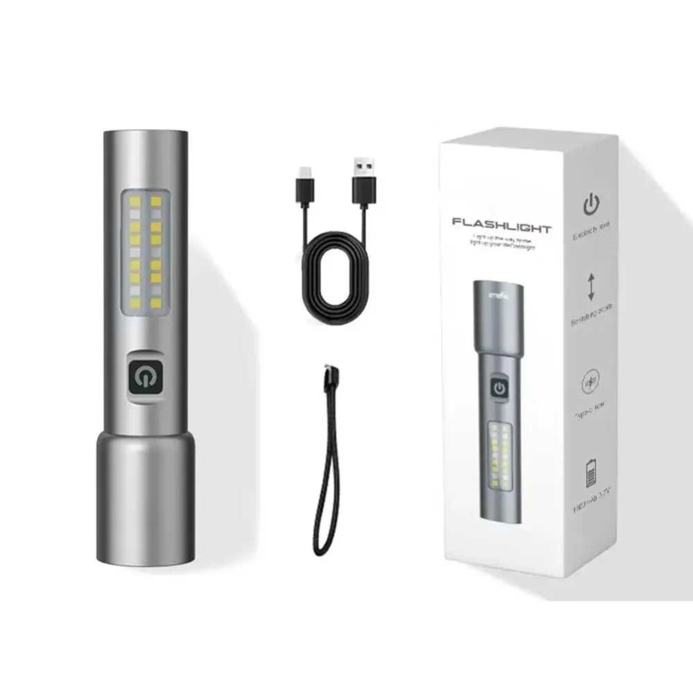Portable Zoomable LED Flashlight Aluminum Alloy Body Type C Charging with Side COB Light Power Indicator Outdoor Camping Torch