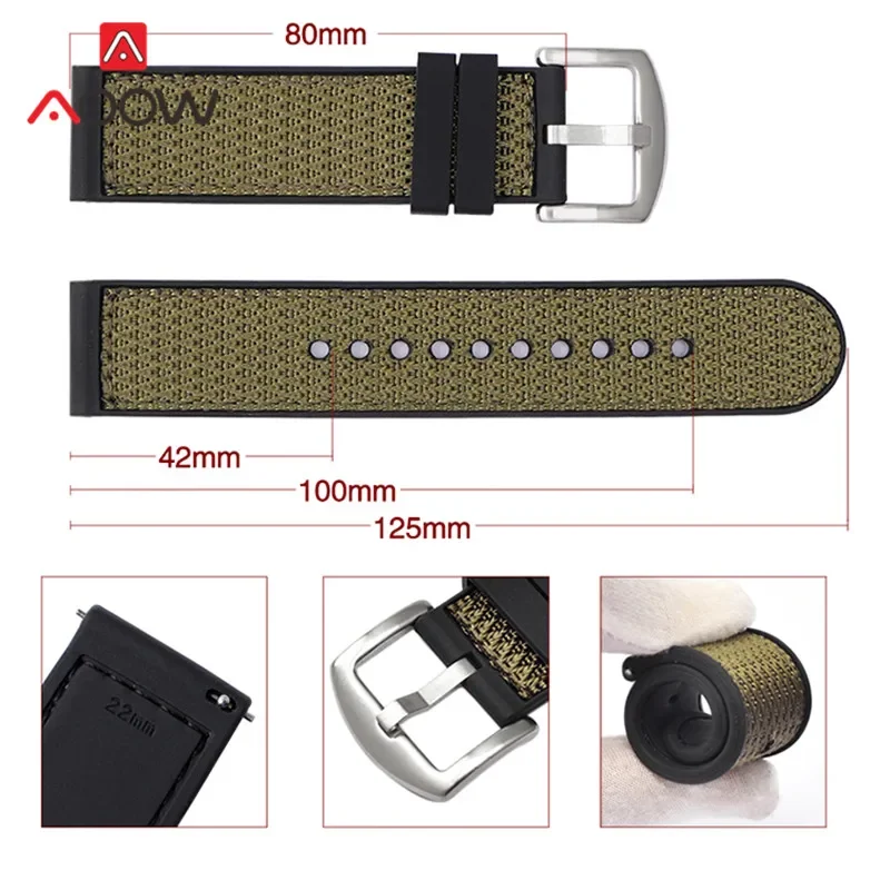 20mm 22mm Woven Nylon Silicone Strap Quick Release Soft Rubber Sport Waterproof Men Replacement Watch Band Bracelet Accessories