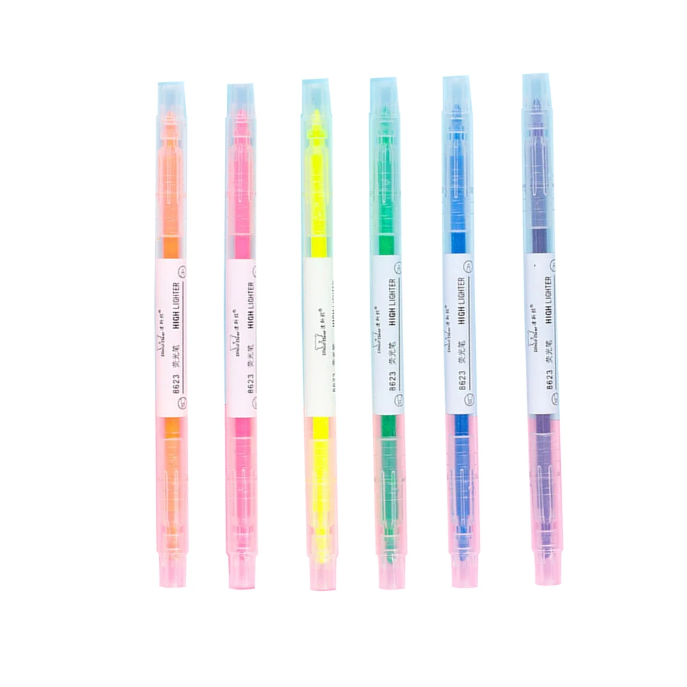 

6pcs Fluorescent Markers Highlighter Pens Colored Watercolor Marker Vivid Colors Cute Cartoon Patterns Double Ended for Kids